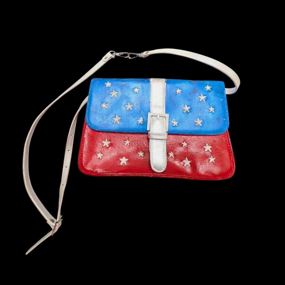 Red white blue crossbody faux leather purse adjustable strap festival Chic.